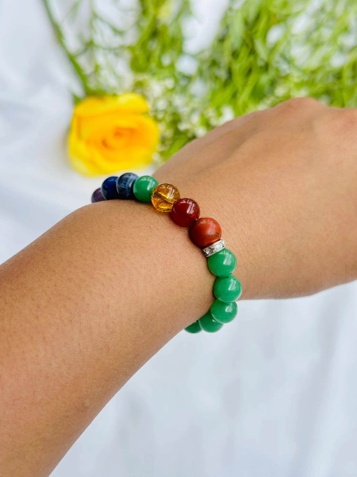 Obstacle Removal in Love Life Bracelet (Green Aventurine with Seven Chakra) - Abhimantrit & Certified